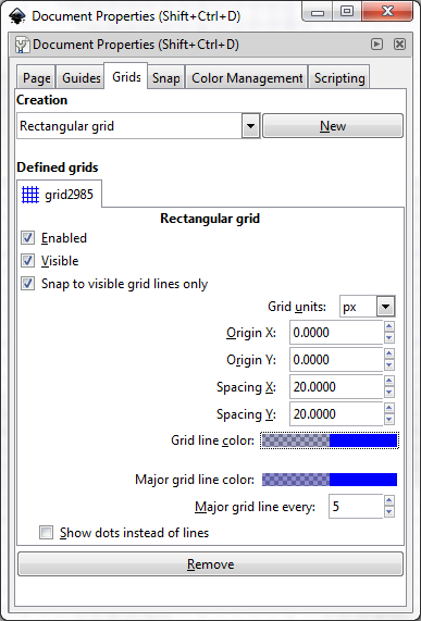 Inkscape: Document Properties Grids tab